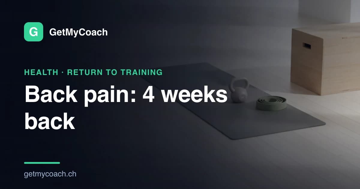 A light, quiet training-room floor with an exercise mat, a single light kettlebell and a resistance band laid out ready for a gentle session — cover image for the GetMyCoach four-week return-to-training plan for low back pain.