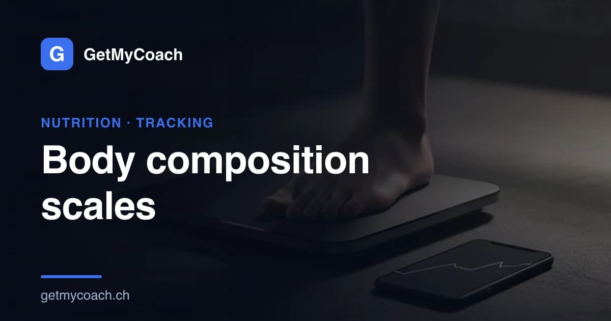 A modern body composition smart scale on a bathroom floor with a companion app showing a weight and body-fat trend — cover graphic for the GetMyCoach guide to body composition scales.