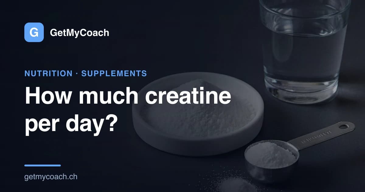 A small white dish of fine creatine monohydrate powder next to a measuring scoop and a plain glass of water on a clean dark surface — cover image for the GetMyCoach guide to creatine dosage.
