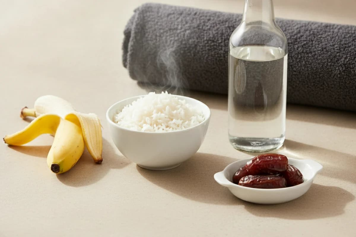 A banana, a small bowl of cooked white rice, a plain glass water bottle and a dish of dates laid out on a light surface, with a rolled gym towel out of focus behind.