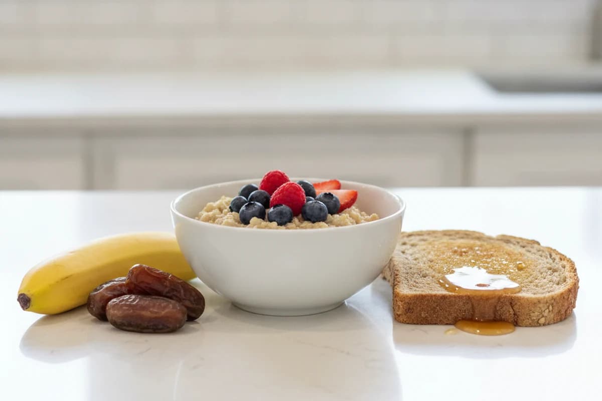 A light pre-workout snack on a bright kitchen counter — a banana, a few dates, oats with berries and a slice of toast with honey.