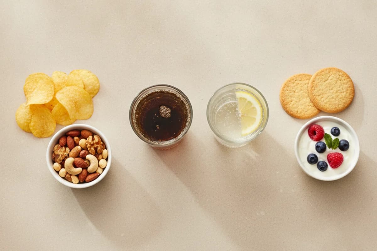 Three pairs of foods viewed from above: potato crisps next to a bowl of roasted nuts, a glass of dark fizzy drink next to sparkling water with lemon, and two sweet biscuits next to a bowl of yoghurt with berries.