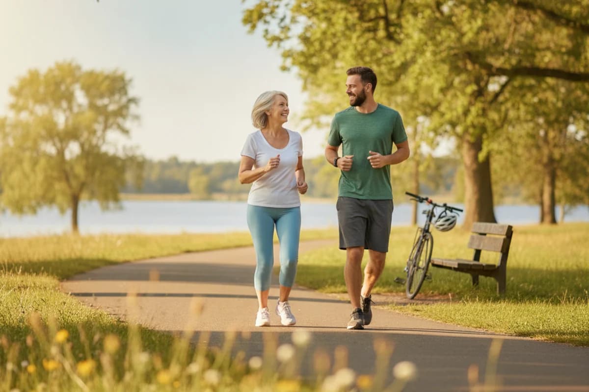 Two people of different ages walking briskly along a park path on a pleasant day.