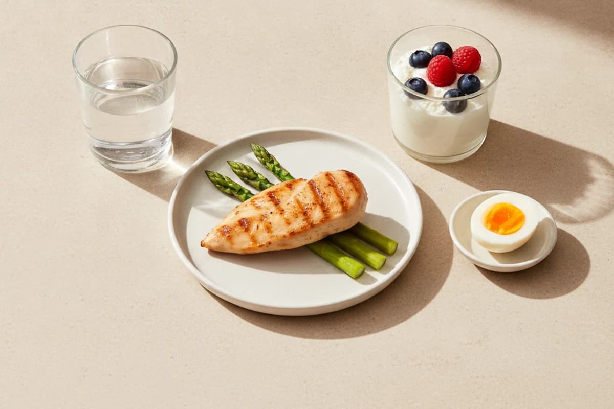 A small plate of grilled chicken breast with asparagus beside a glass of quark topped with berries, a halved boiled egg and a glass of water on a pale surface.