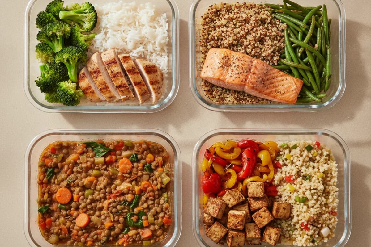 Four clear glass meal-prep containers without lids on a kitchen counter, holding chicken with rice and broccoli, salmon with quinoa and green beans, a lentil and vegetable bowl, and tofu with peppers and couscous.