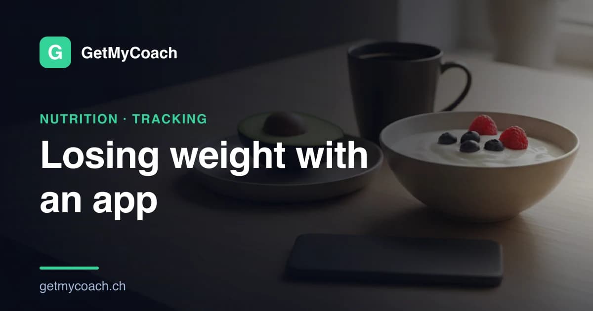 A simple home breakfast — a bowl of yoghurt with berries, half an avocado on a small plate and a cup of coffee — on a light wooden table, with a smartphone lying face down beside it; cover image for the GetMyCoach guide to losing weight with an app.