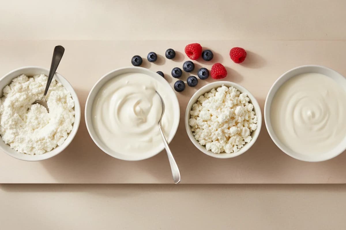 Five white bowls in a row holding dense low-fat quark with a spoon standing in it, thick glossy skyr, creamy Greek yogurt, loose cottage cheese curds and a smooth pale yogurt, with berries scattered between them.