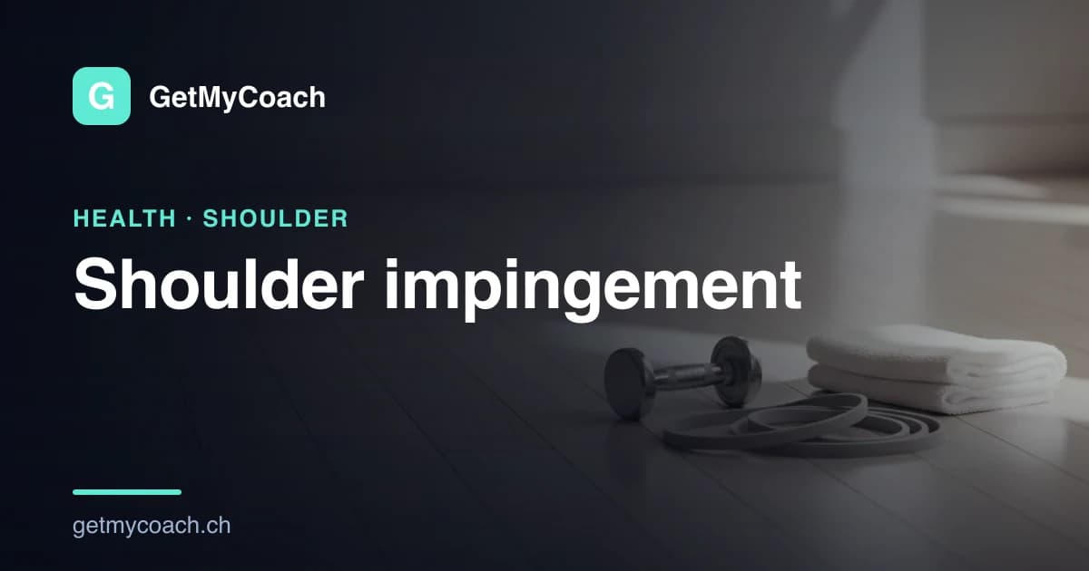 A light resistance band, a small dumbbell and a folded towel laid out on a bright wooden floor in soft daylight — cover image for the GetMyCoach guide to shoulder impingement exercises.