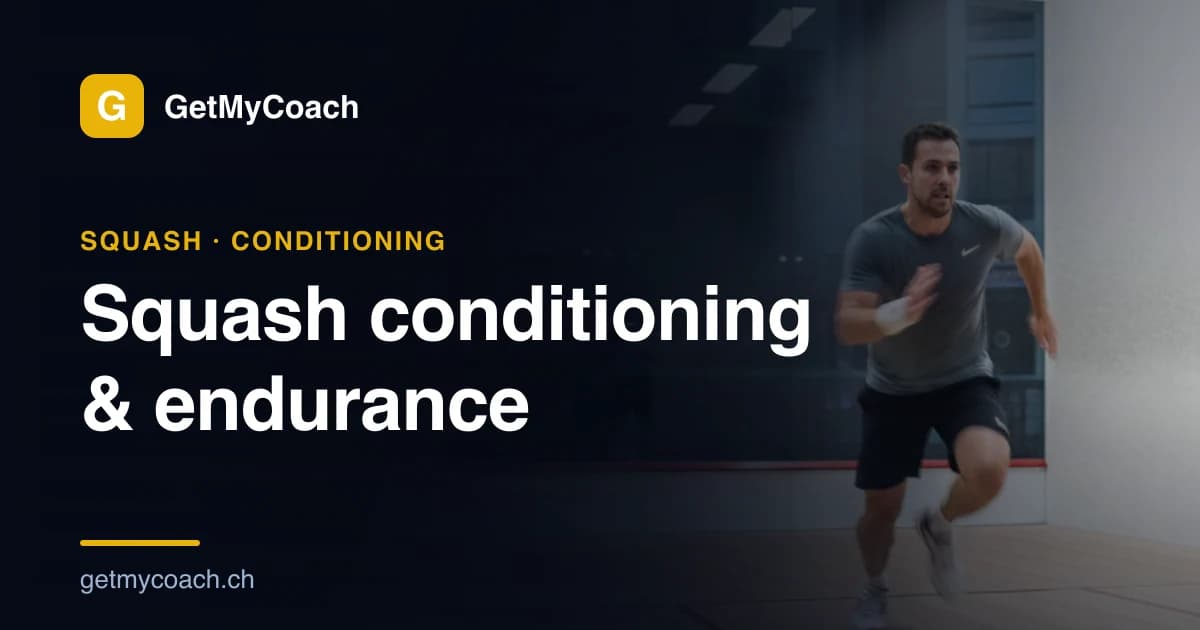 A squash player mid-sprint across the court, blurred with motion — cover graphic for the GetMyCoach guide to squash conditioning and match endurance.