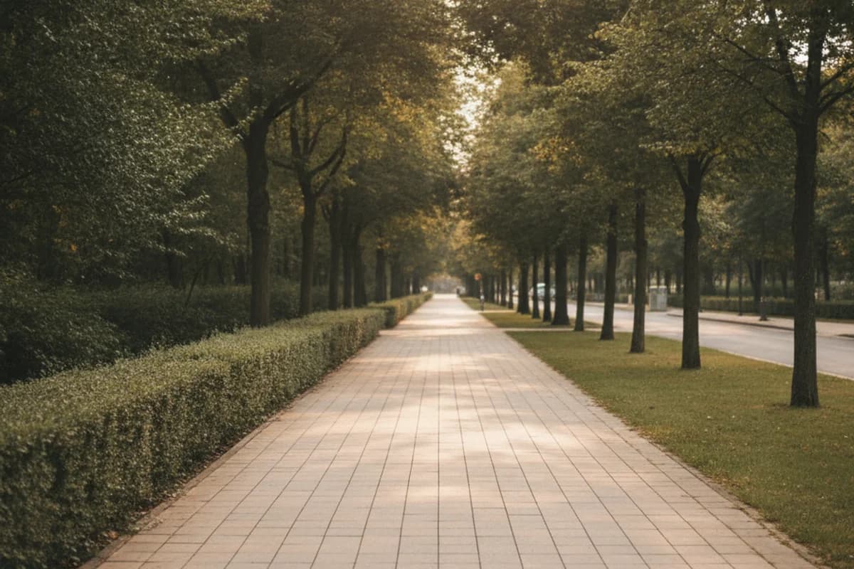 An empty tree-lined pavement in a quiet neighbourhood in soft late-afternoon light, running straight into the distance.