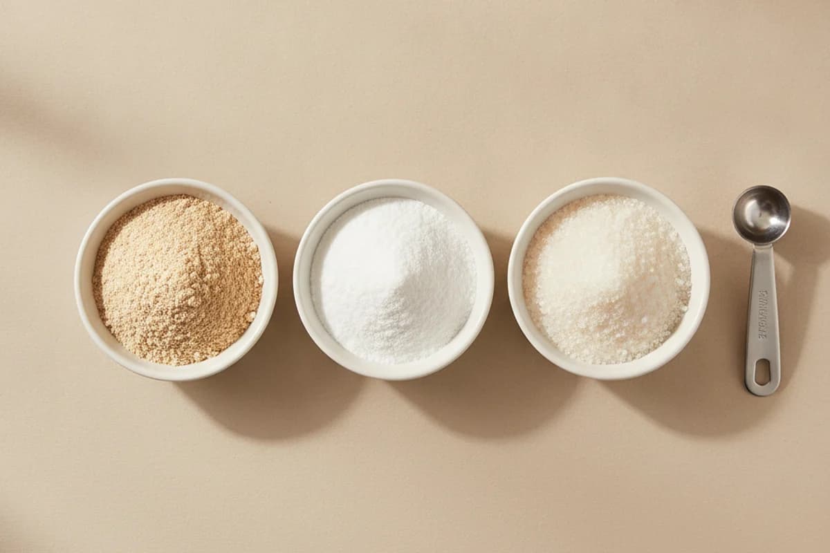 Three small white dishes side by side holding a coarse cream-beige powder, a fine snow-white powder and a pale crystalline powder, with a steel measuring scoop beside them.