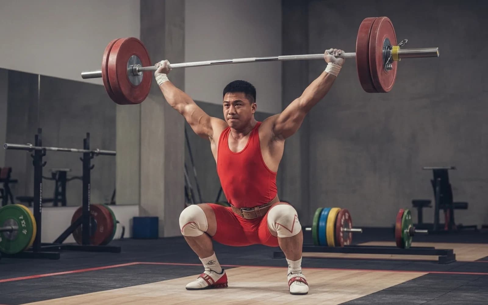 Chinese-Inspired Weightlifting Coach holding a snatch overhead with a loaded barbell in a weightlifting hall