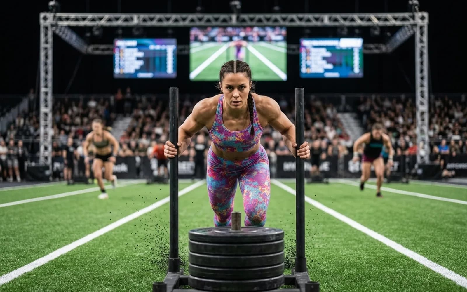 Hyrox Performance Coach pushing a loaded sled across turf in a race arena