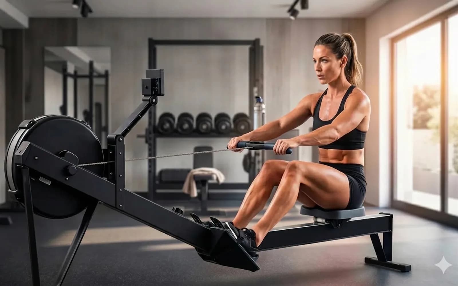 Modern Rowing Coach mid-drive on a rowing ergometer