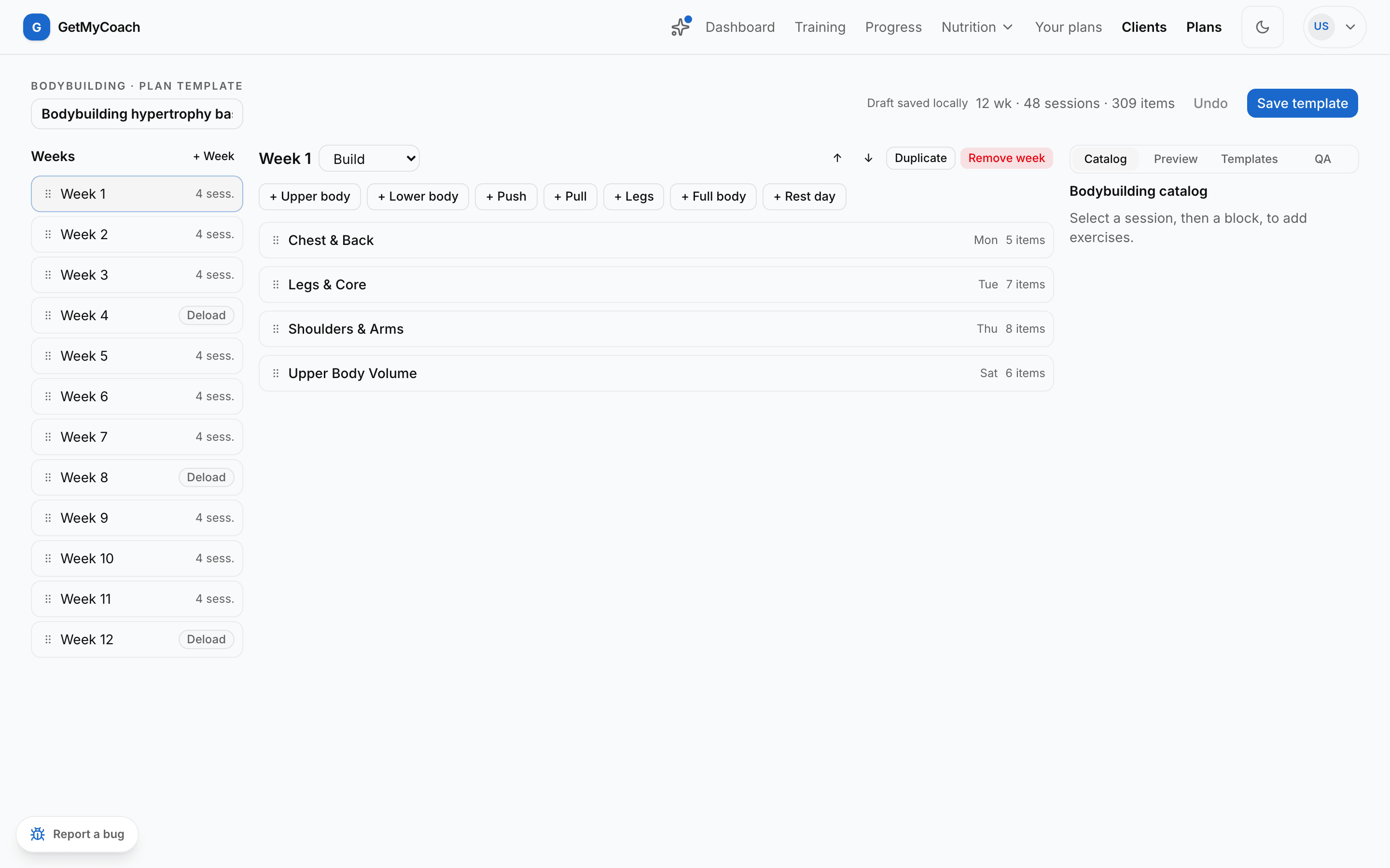 The GetMyCoach coach cockpit — a 12-week plan builder with a weeks navigator, sessions per day and the exercise catalog.