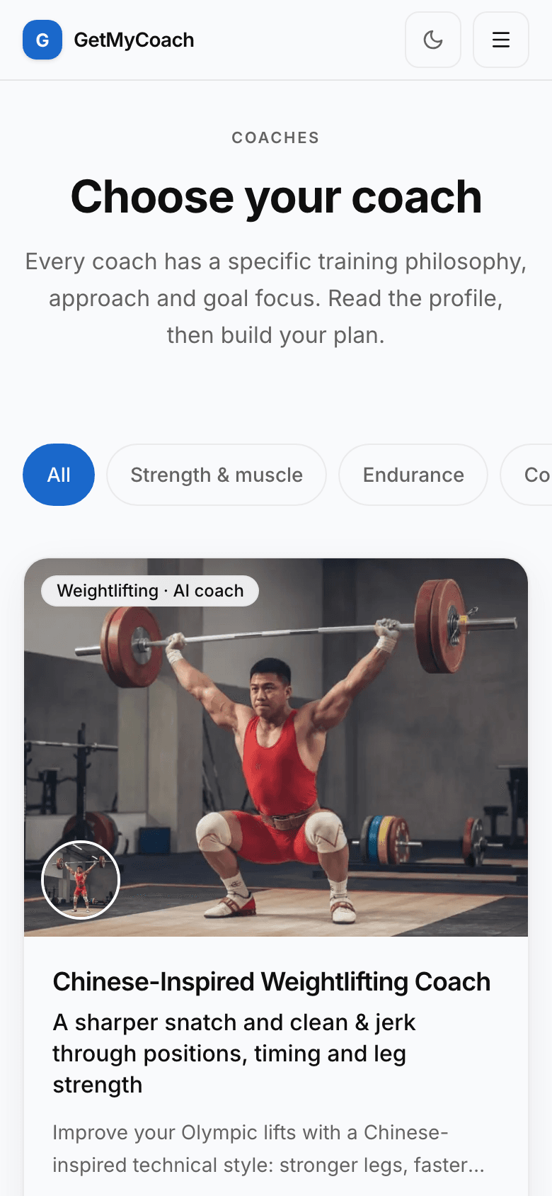 GetMyCoach coach library showing specialist coaches and their philosophies