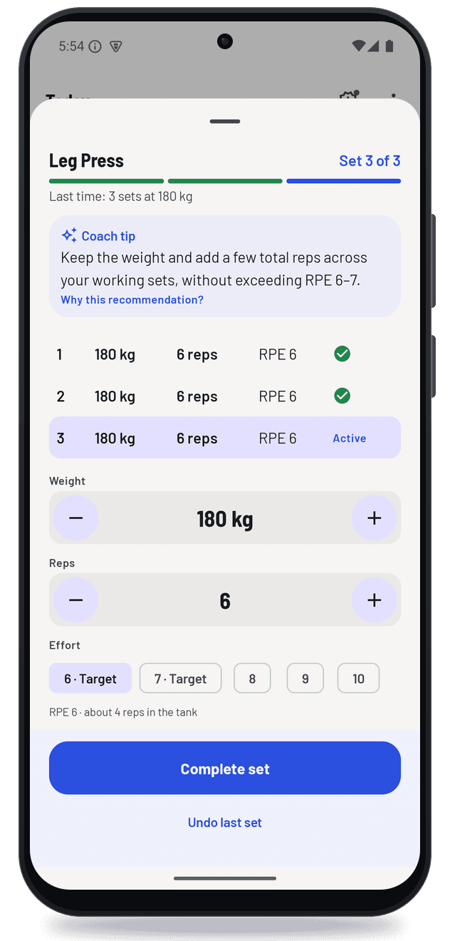 GetMyCoach Android app showing a workout with sets logged
