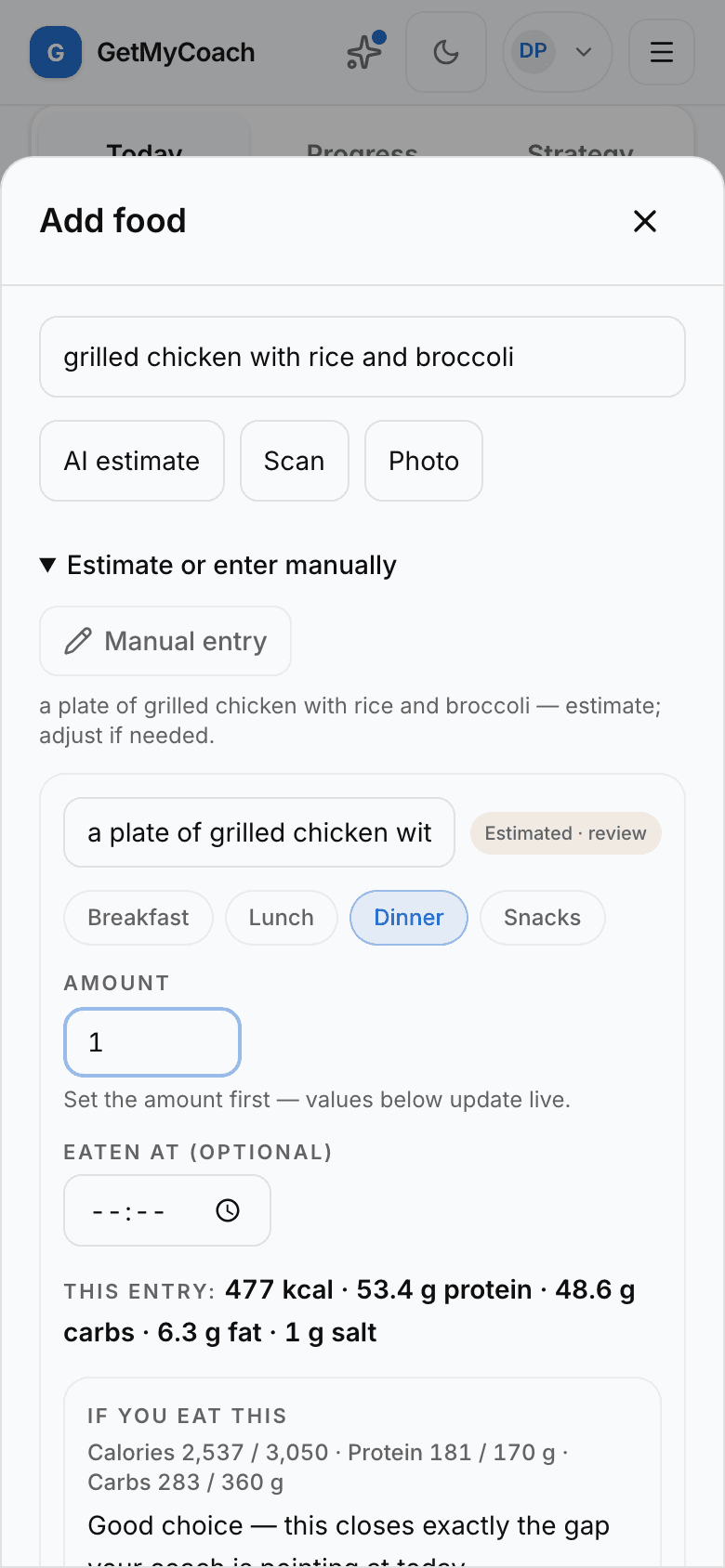 The GetMyCoach food logger estimating macros for a described meal