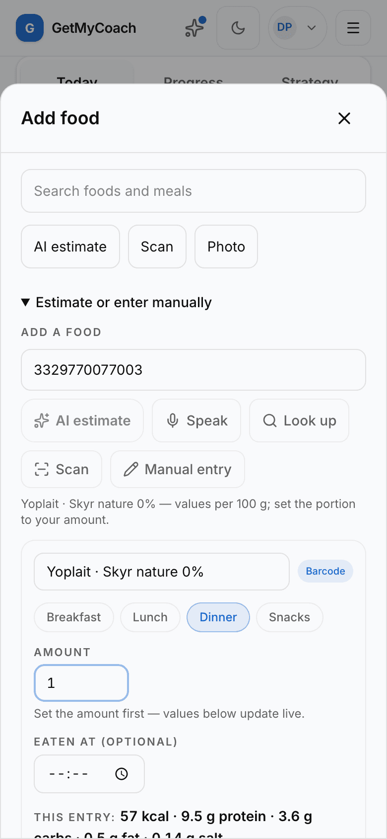 The GetMyCoach food logger showing verified macros from a scanned barcode