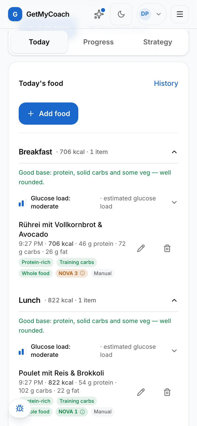 The GetMyCoach food log with per-item nutrition chips and a per-meal verdict