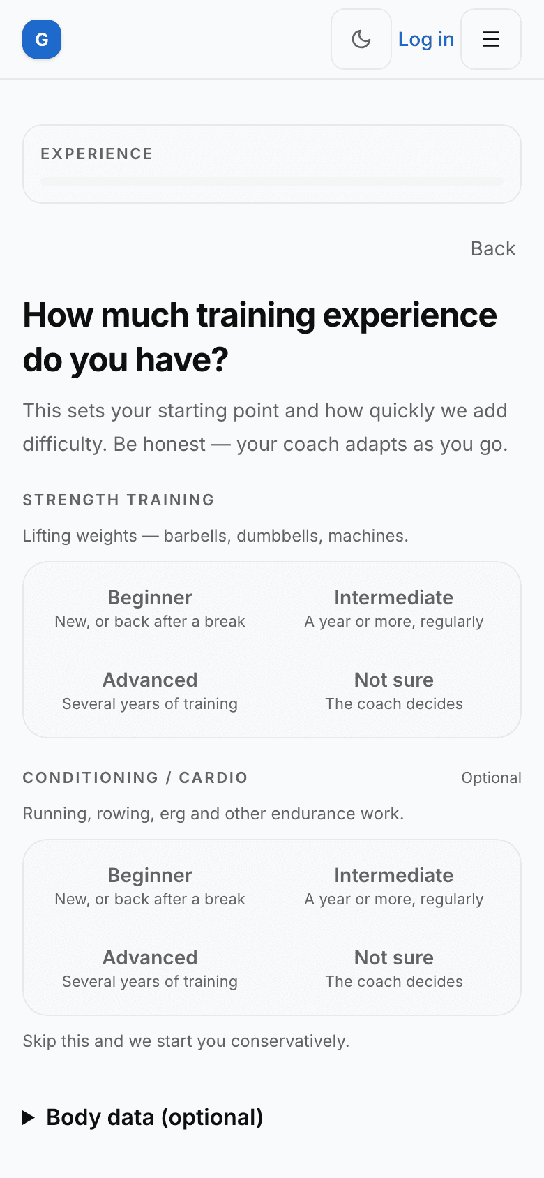 GetMyCoach onboarding experience step — your training experience for strength and conditioning