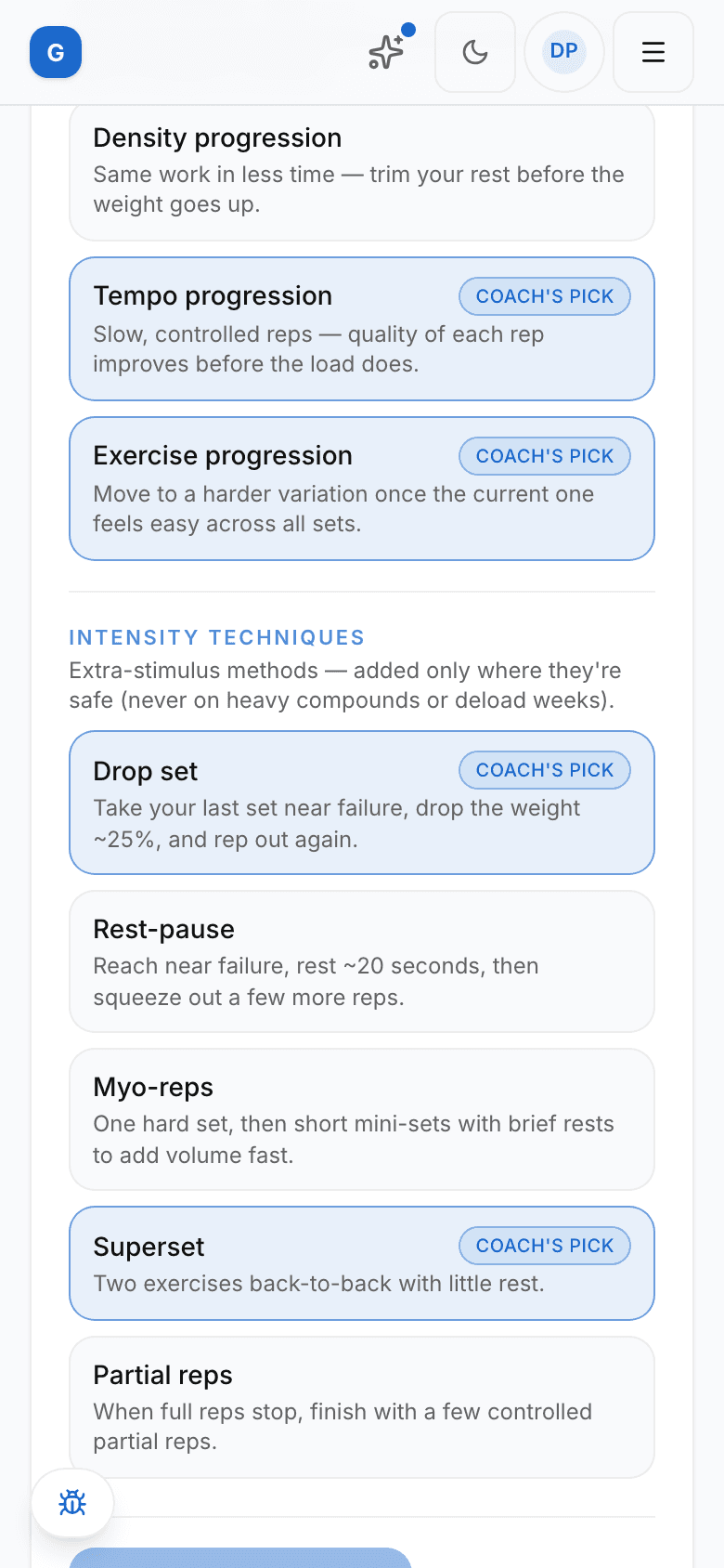 GetMyCoach plan page on a phone — choosing between bodybuilding progression methods with your coach