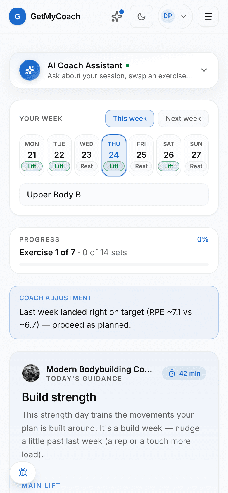 A GetMyCoach training day on a phone — the week, today's guidance and the main work
