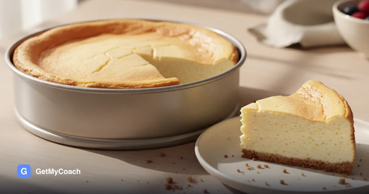 A pale golden cheesecake with a slightly cracked, puffed top in a springform tin, one slice cut out to show the smooth, light filling on a thin dark biscuit base.
