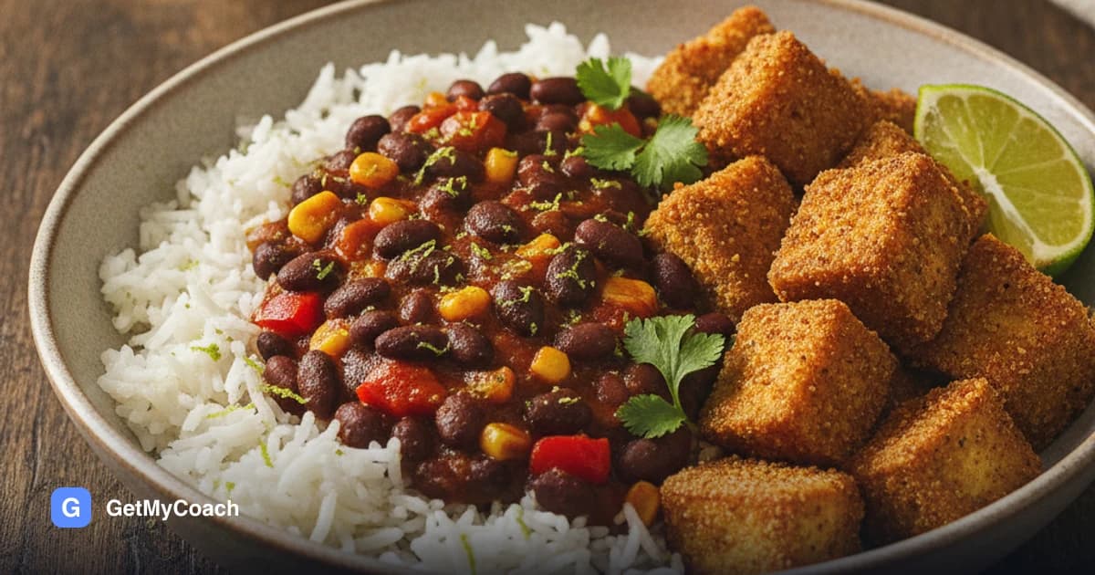 A bowl of lime rice topped with dark smoky black beans, golden cubes of crispy tofu, sweetcorn and red pepper, with coriander and a lime wedge.