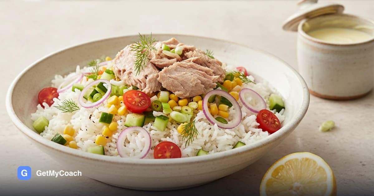 A bowl of rice topped with flaked tuna, sliced cucumber, halved cherry tomatoes, sweetcorn and red onion, with a pale lemon-yoghurt dressing in a small pot beside it.