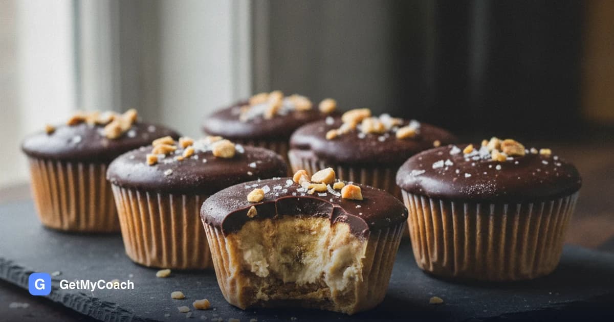 Six frozen peanut butter cups on a slate board, topped with dark chocolate, crushed peanuts and sea salt; one is bitten open to show the pale creamy filling.
