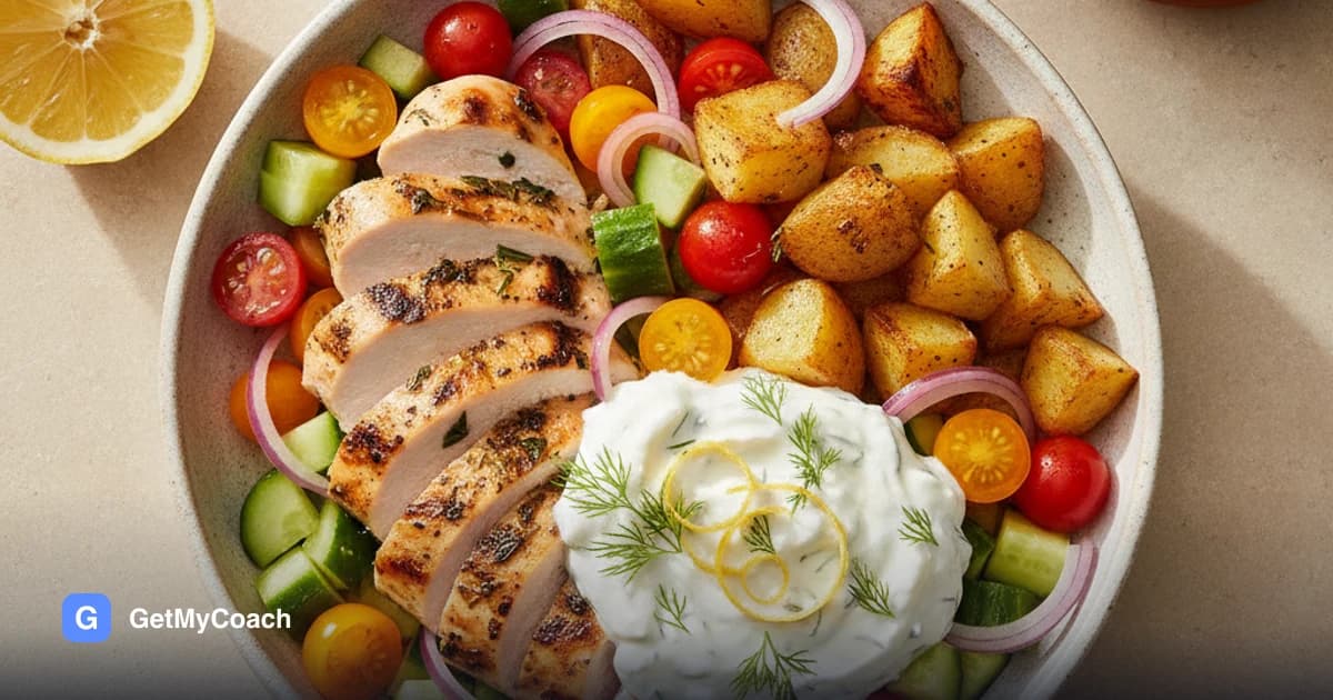 A bowl of sliced grilled chicken with golden roast potato cubes, diced cucumber, halved cherry tomatoes, red onion and a generous spoon of white tzatziki, scattered with dill.
