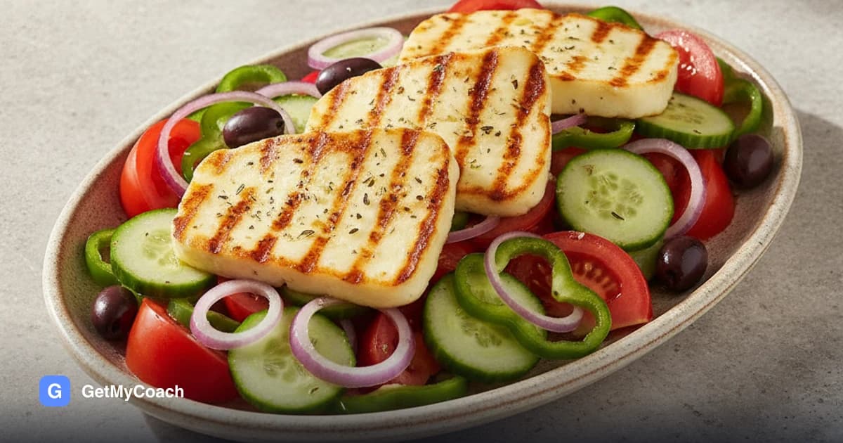 A platter of thick tomato wedges, chunky cucumber, green pepper rings, black olives and red onion, topped with three griddle-striped golden slices of halloumi and dried oregano.