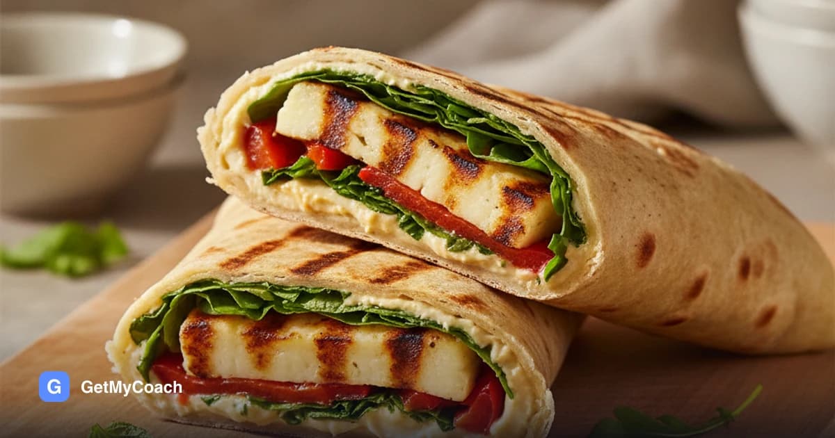 A wrap cut on the diagonal and standing upright, showing griddled golden halloumi, red roasted pepper strips, pale hummus, rocket and mint inside the warm flatbread.