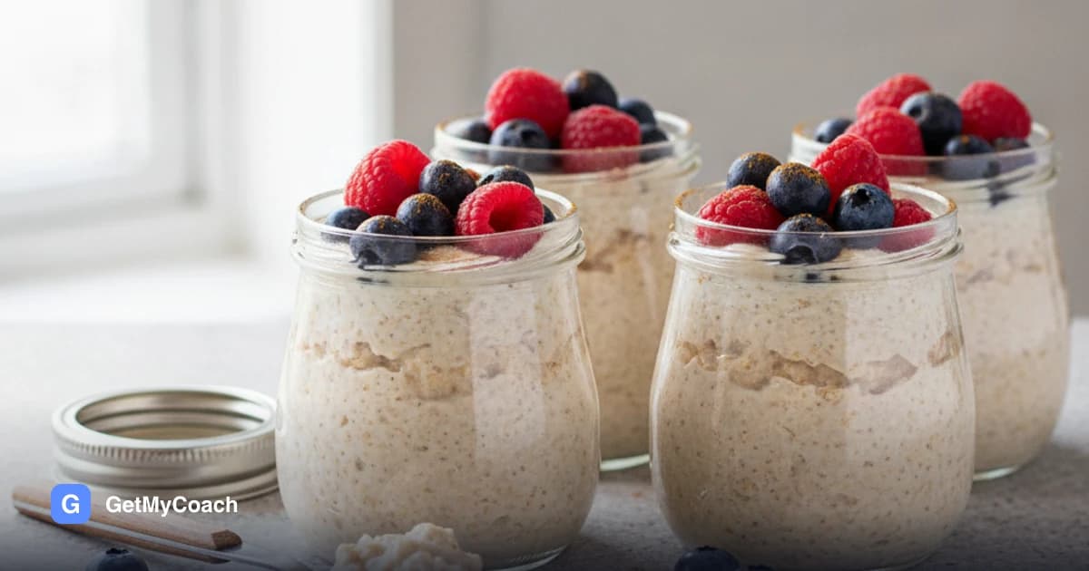 Four glass jars of creamy overnight oats dusted with cinnamon and topped with blueberries and raspberries, an open jar lid on the counter beside them.
