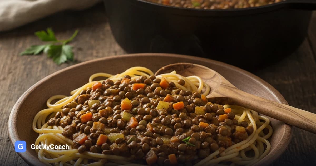 A deep bowl of spaghetti coated in a dark, thick lentil ragù with visible carrot and celery, a wooden spoon resting in it and a heavy pan of more sauce behind it.