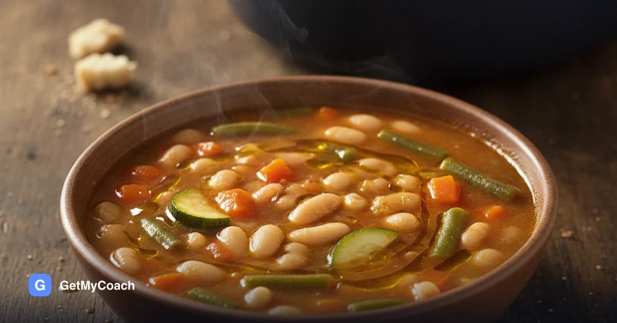 A deep bowl of chunky vegetable soup with white beans, small pasta shapes, diced carrot, courgette and green beans in a cloudy tomato broth, a drizzle of olive oil on top.