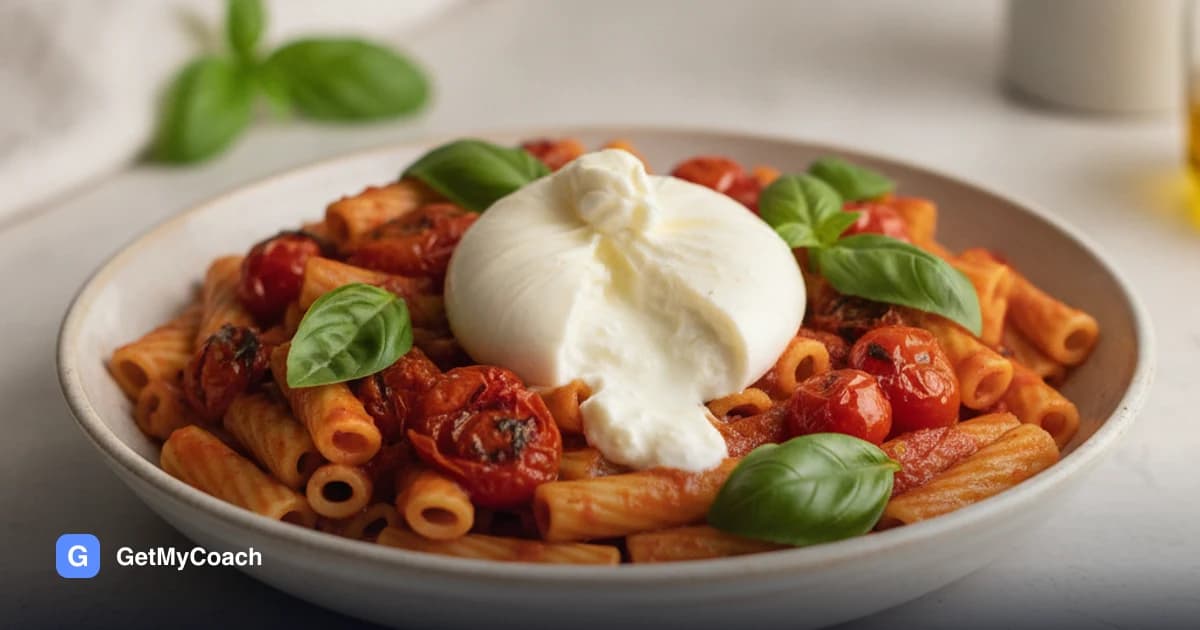 A wide bowl of short pasta coated in a rough, deep-red roasted tomato sauce with blistered tomato skins visible, a torn ball of creamy white burrata in the middle and basil leaves over the top.