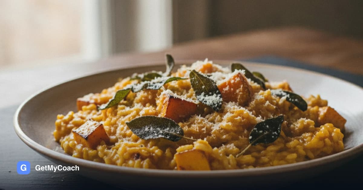 A shallow plate of golden-orange risotto with cubes of roasted pumpkin visible through it, topped with dark crisp sage leaves and a dusting of grated Parmesan.