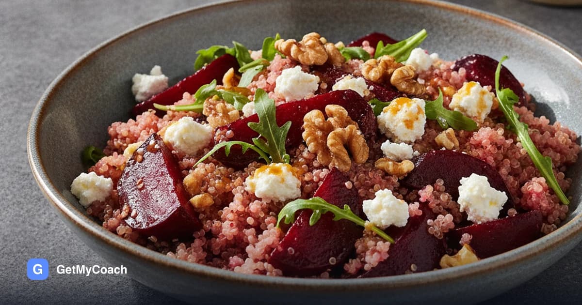 A wide bowl of pale quinoa stained pink in places, with deep red beetroot wedges, crumbled white feta, walnut halves and rocket leaves, dressed with an orange vinaigrette.