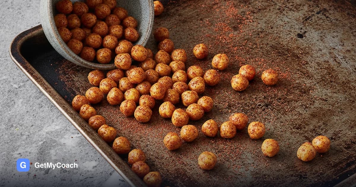 A baking tray of deep golden, wrinkled roasted chickpeas dusted in red paprika, with a small bowl of them tipped over beside it.