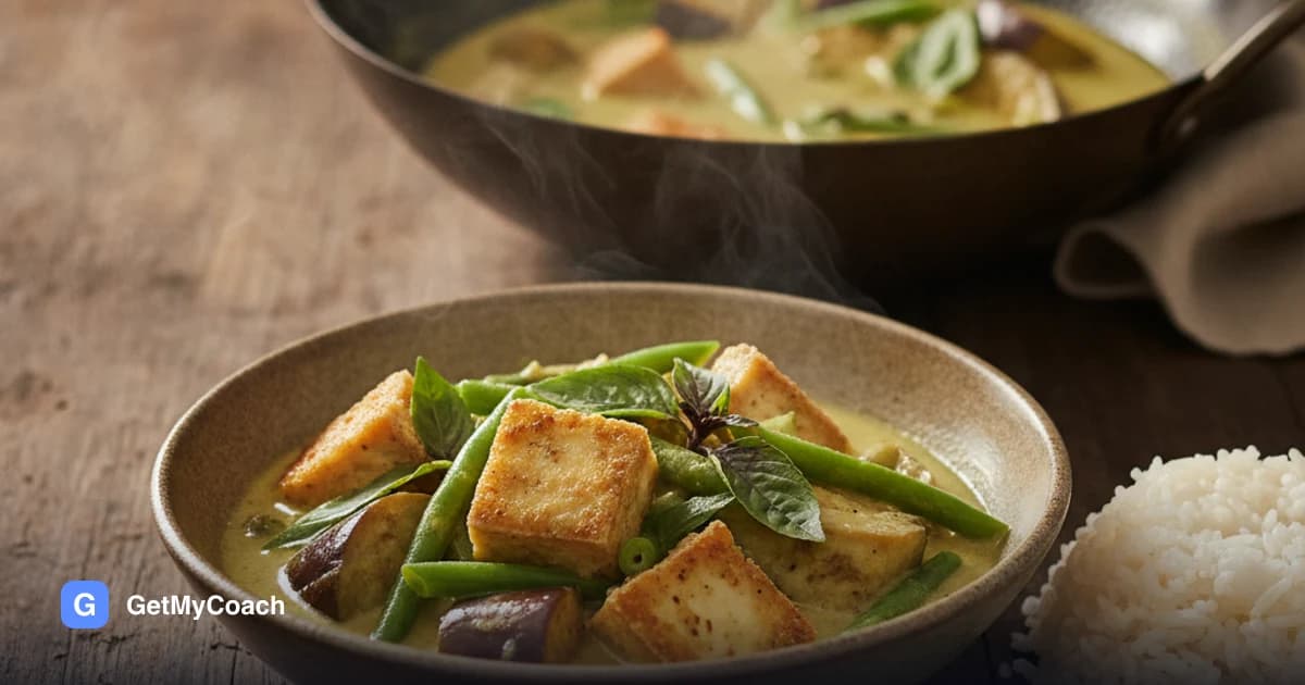 A bowl of pale green coconut curry with cubes of golden fried tofu, aubergine pieces and green beans, scattered with Thai basil leaves, beside a mound of jasmine rice.