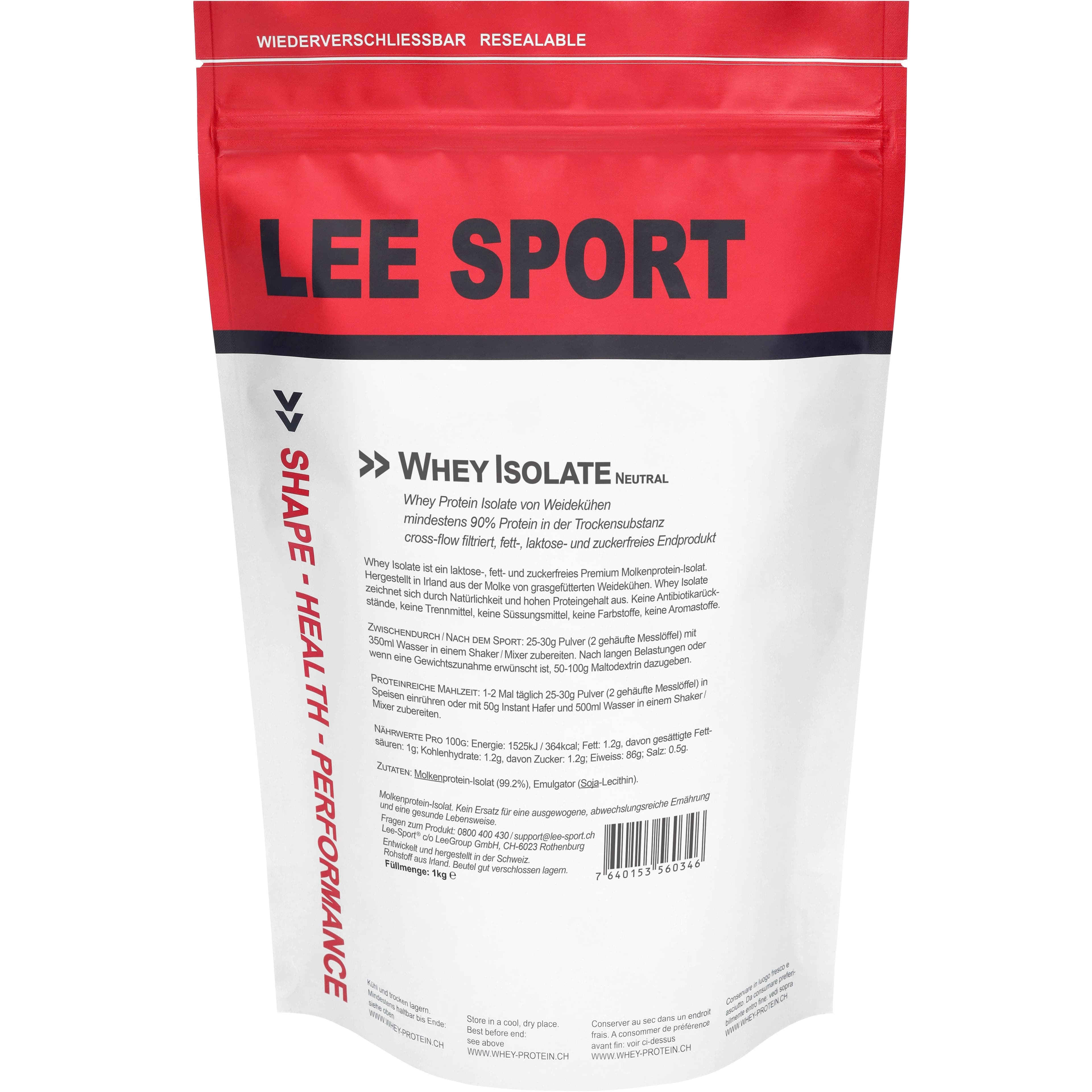 A pouch of Lee-Sport Whey Isolate in the neutral flavour, 1 kilogram.