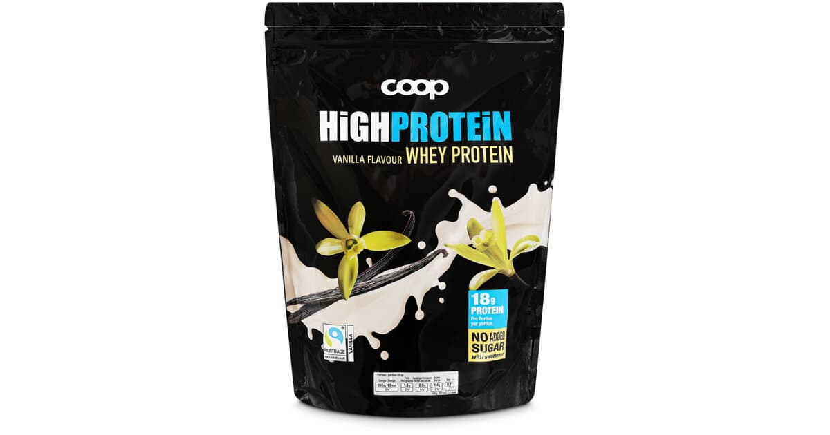 A black Coop High Protein whey protein pouch in vanilla flavour, 750 grams.