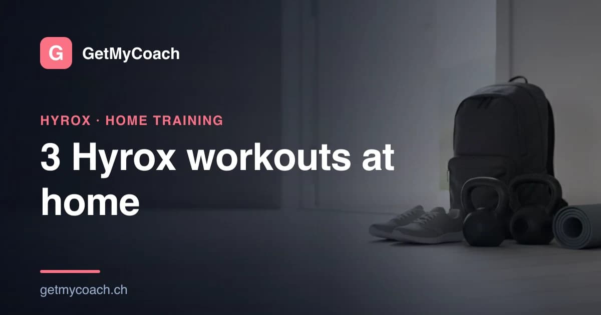 A loaded backpack, two kettlebells and a pair of running shoes on the floor of a small, bright flat with an open door to the outside — cover image for the GetMyCoach guide to HYROX workouts at home.