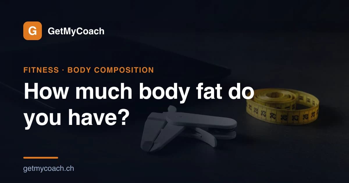 A body-fat caliper, a coiled measuring tape and a body composition smart scale arranged on a dark slate surface — cover image for the GetMyCoach visual guide to body fat percentage.