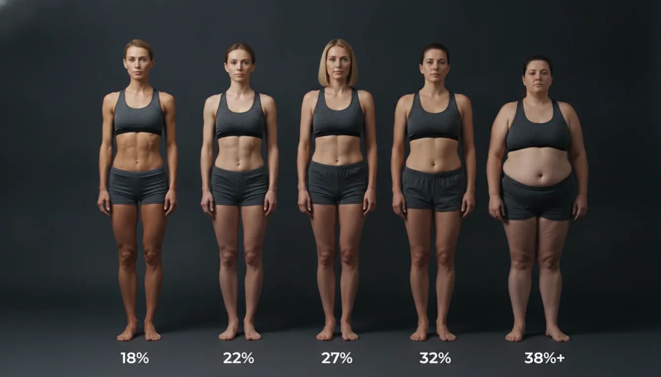 Five women standing side by side in a studio, body fat increasing from left to right: a very lean athletic woman at around 18%, a fit woman at 22%, an average woman at 27%, a softer figure at 32%, and a clearly overweight woman at 38%+.