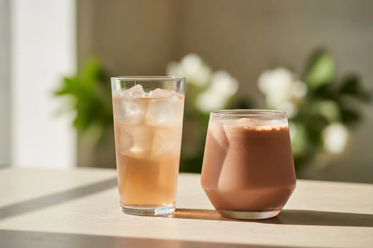 Side by side: a tall glass of clear, fruit-coloured protein drink and a glass of creamy, milky protein shake.