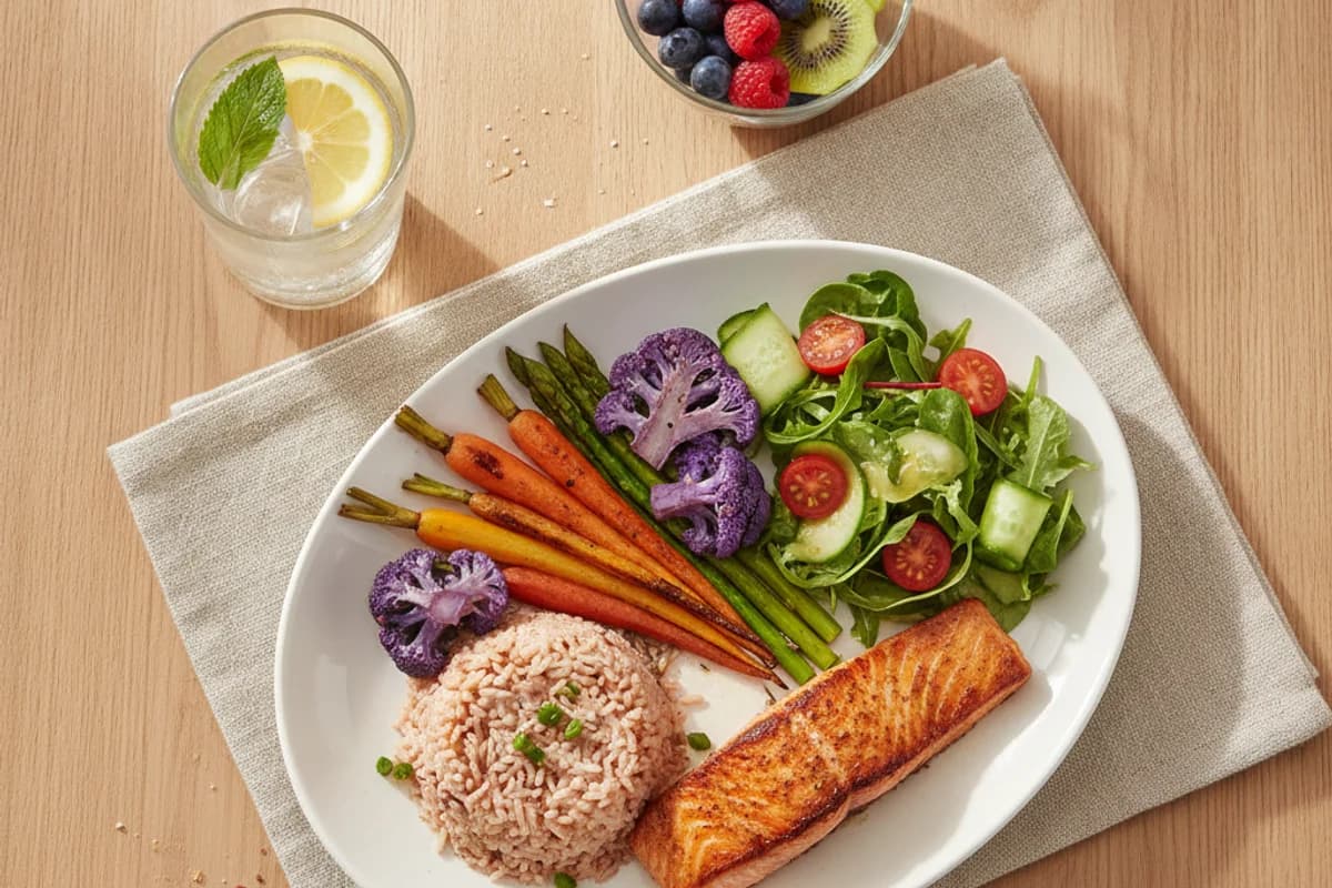 A balanced plate with chicken or salmon, rice or potatoes, plenty of vegetables, some salad, fruit and a glass of water.