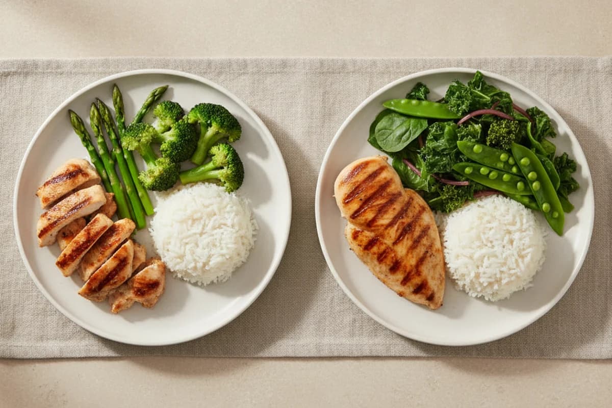 Two identical white plates side by side holding the same meal of grilled chicken, rice and green vegetables, the left plate modest and the right plate noticeably fuller.